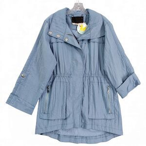 Soft Surroundings Nylon Utility Jacket Sz L Blue Zip Snap Lightweight Raincoat